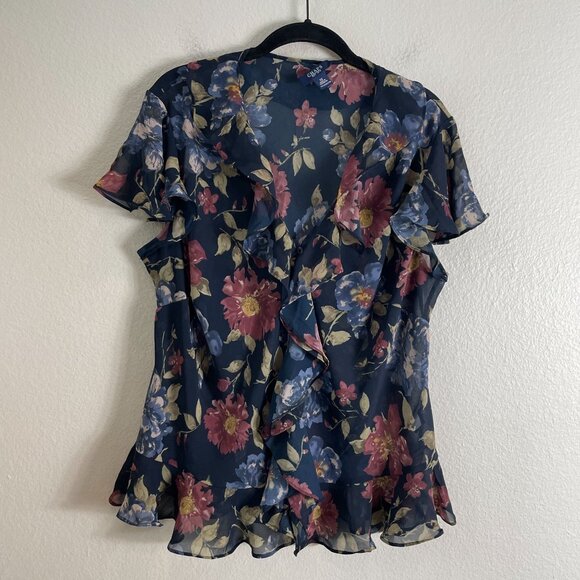 Chaps Womens Plus 1X Floral Ruffle Blouse Sheer Lightweight Short Sleeve Shirt - Picture 5 of 8